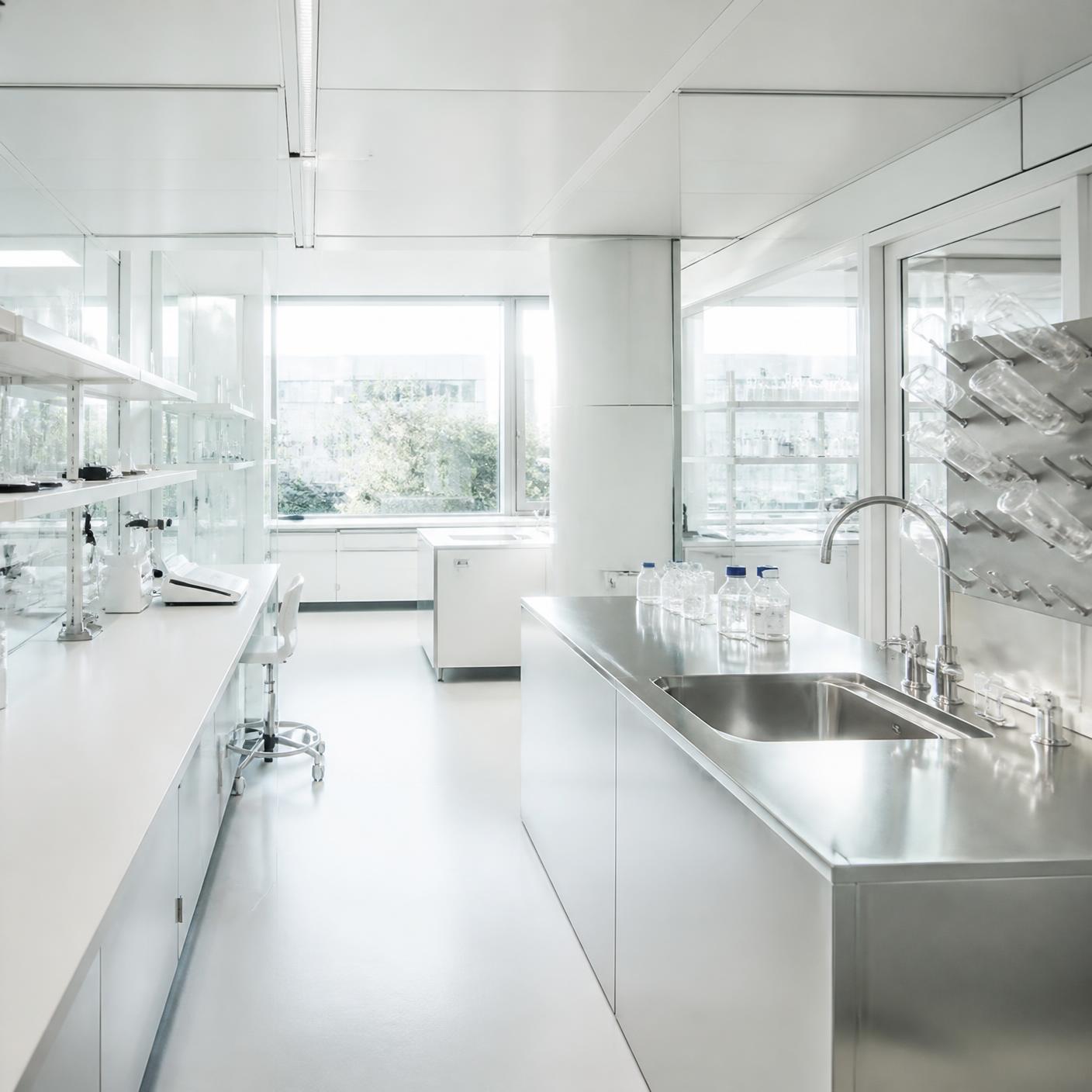 Laboratório farmacêutico em ambiente clínico controlado
